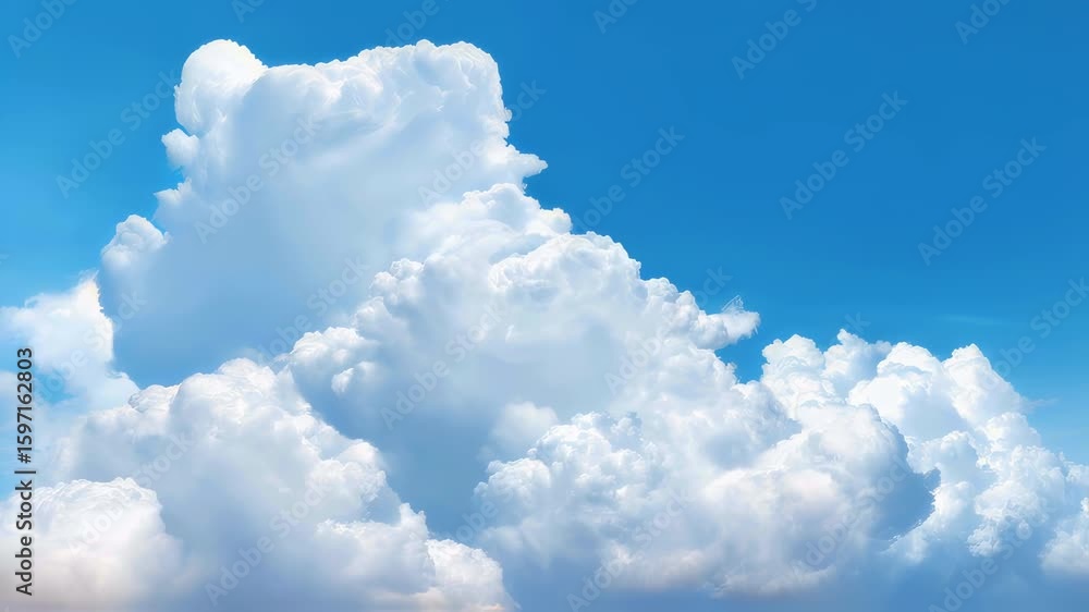 Poster bright blue sky background with soft fluffy white clouds and glowing sunlight rays creating a serene