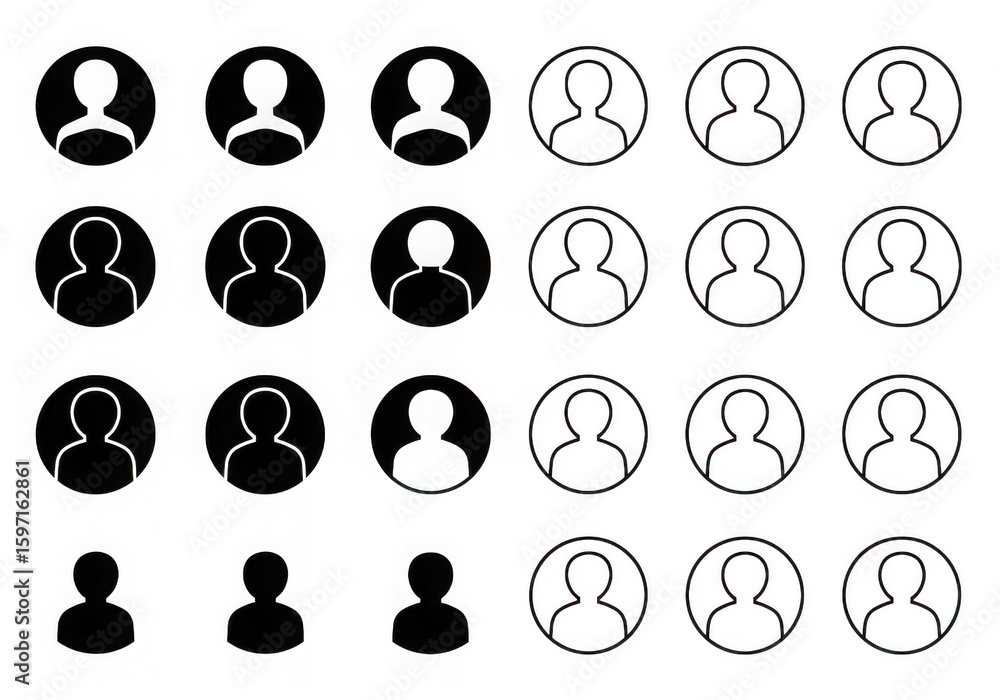 Poster set of user icons in outline style isolated on transparent background