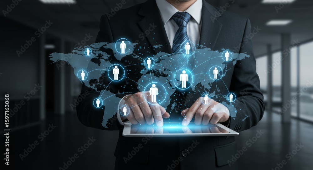 Poster a suited person holds a tablet displaying a glowing world map with connected human icons, representi