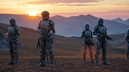 Futuristic soldiers stand guard at sunset in a desolate landscape.