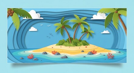 Obraz premium Idyllic Tropical Island Paradise: Paper-Cut Art of a Secluded Beach with Palm Trees.