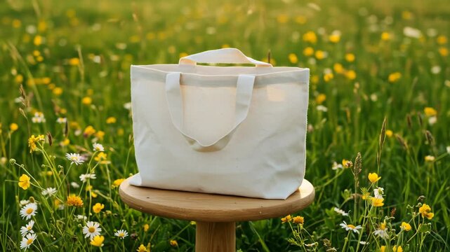 White tote bag in a sunny field of wildflowers