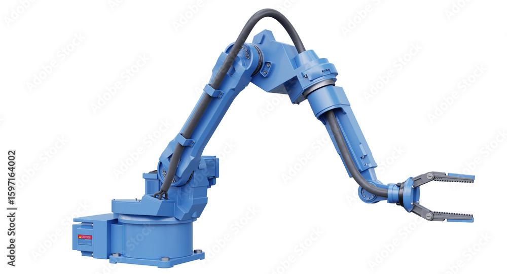 Poster blue robotic arm with gripper standing on transparent background- 3d rendering