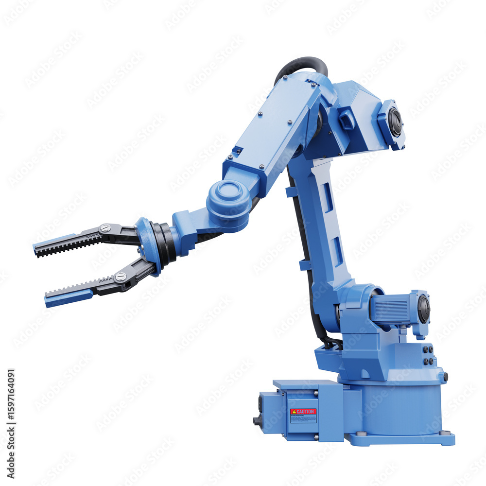 Aufkleber blue robotic arm with gripper standing on transparent background- 3d rendering