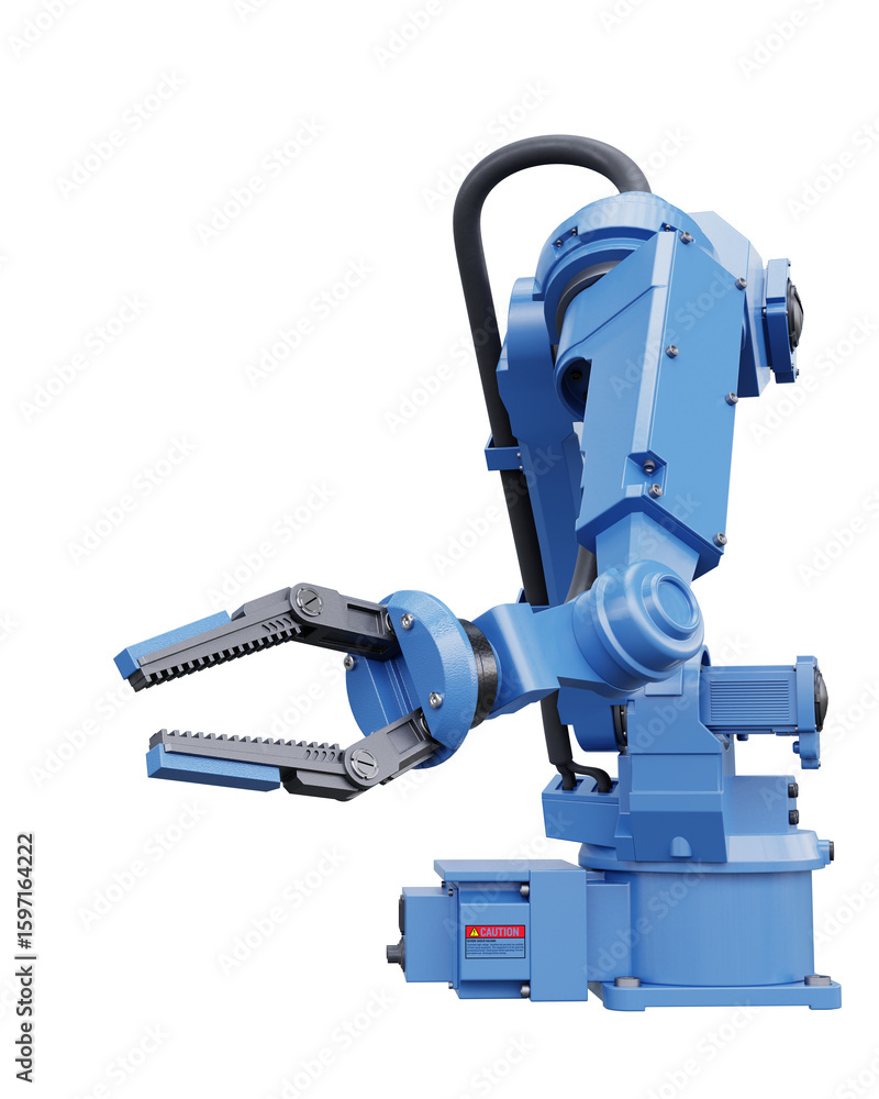 Poster blue robotic arm with gripper standing on transparent background- 3d rendering