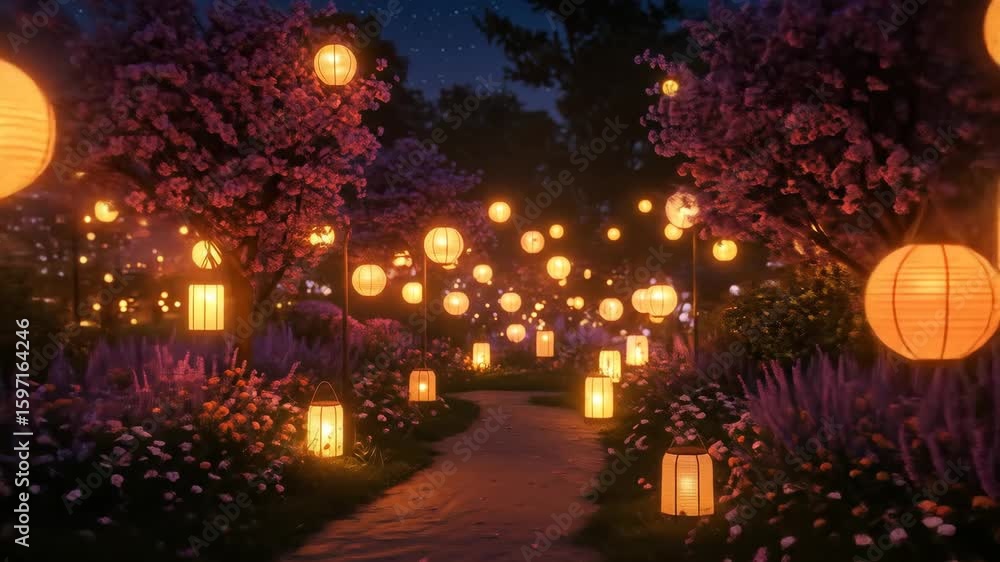Poster enchanting lantern lit path through a blossom garden at night - a whimsical nighttime scene features