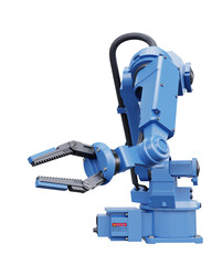 Blue robotic arm with gripper standing on transparent background- 3D rendering
