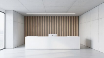 Modern Office Reception Area with White Desk and Vertical Wooden Paneling