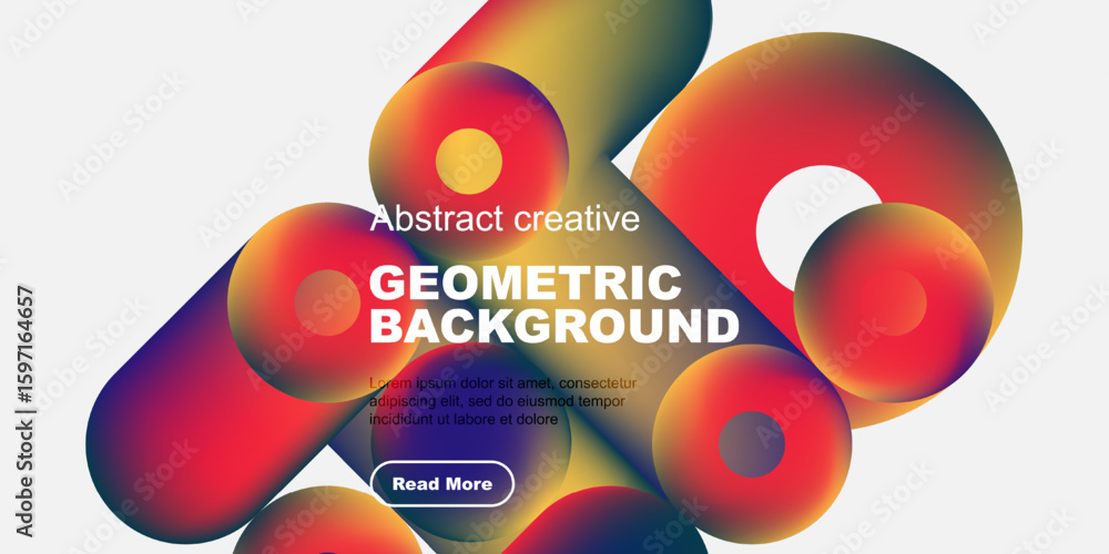 Poster vibrant abstract shapes overlap, creating fluid geometric background. text promotes creative design,