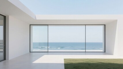 Fototapeta premium Modern minimalist interior with large glass windows overlooking the ocean