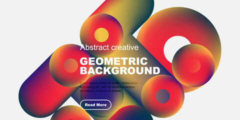 Vibrant abstract shapes overlap, creating fluid geometric background. Text promotes creative design, includes read more button.