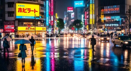 Obraz premium Vibrant cityscape at night with neon lights reflecting on wet streets, people walking, and cars driving by, creating a lively atmosphere. AI Generated