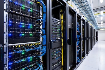 Rows of illuminated server racks in a modern data center