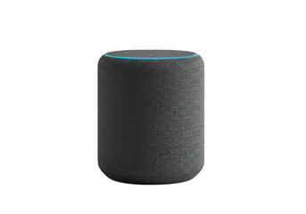 Dark grey smart speaker with blue light ring isolated on transparent background