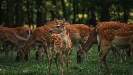 Fawn and Herd of Deer Grazing in Forest - A young spotted fawn stands in the foreground, while a herd of adult deer grazes peacefully in a lush green forest clearing.