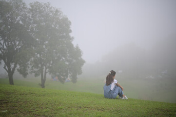 A person sits alone on a foggy hillside near trees, surrounded by mist and green grass, evoking...