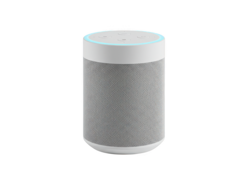 Modern white smart speaker with blue light ring isolated on transparent background