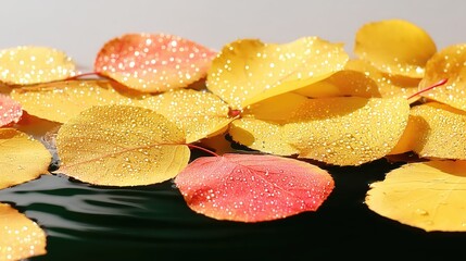 Golden and Red Autumn Leaves Floating on Calm Water