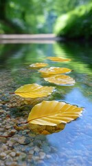 Golden Beech Leaves Floating on Still Forest Pool