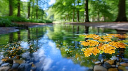 Golden Beech Leaves Floating on Still Forest Pool