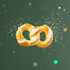 Golden Brown Twisted Pretzel Sprinkled with Salt on Green Background