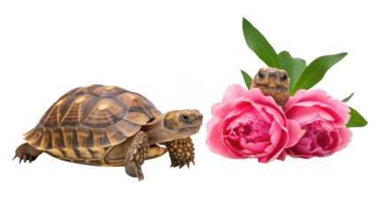 Turtle animal and Peony flower isolated on transparent