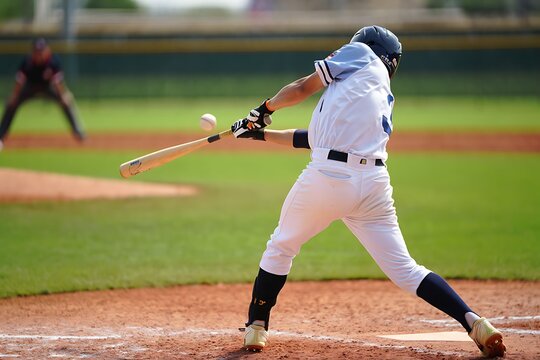 Baseball player swinging bat at ball on field