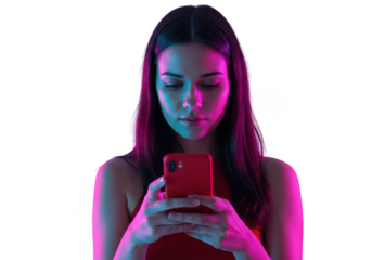 Young woman engrossed in her smartphone with neon lighting isolated on transparent background