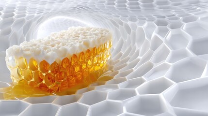 Golden Honeycomb Dripping on White Hexagon Pattern