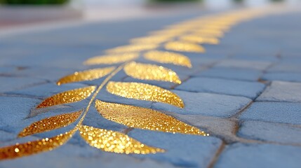 Golden Leaf Pattern Etched on Damp Gray Pavement