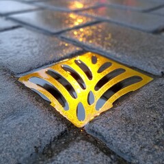 Golden Leaf Pattern Etched into Damp Pavement
