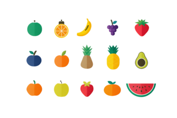 Vibrant Pixel Art Fruit Icons Flat Design Illustration on Transparent Background, PNG