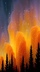 Golden Nebula Glow Illuminates Dark Gas Pillars Behind Silhouetted Trees