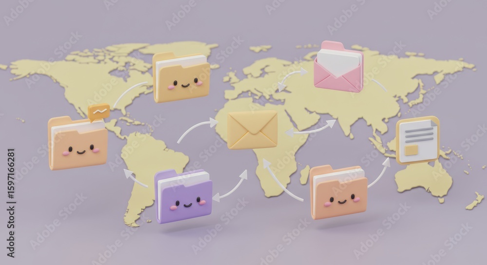 Poster a world map backdrop with cute animated folders and envelopes connected by arrows, representing glob