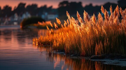 Golden Reeds Reflecting in Calm Pond at Sunset