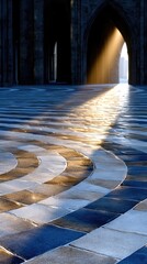 Golden Sunlight Through Cathedral Rose Window onto Geometric Floor