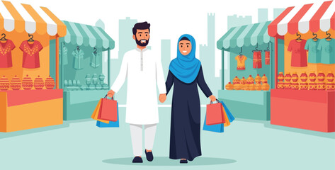Muslim couple shopping at outdoor market vector illustration design art