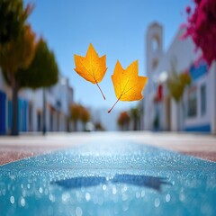 Golden Sycamore Leaves Falling on a Sunny City Street