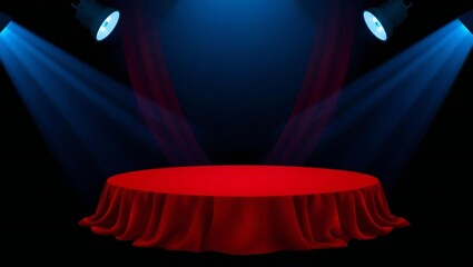 Spotlighted red podium covered in fabric under blue stage lights