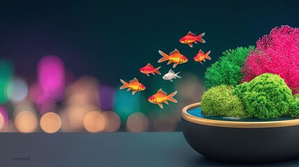 Goldfish Schooling in Decorative Bowl with Miniature Plants and City Lights Background