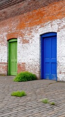 Green and Blue Doors on a Weathered Brick Wall