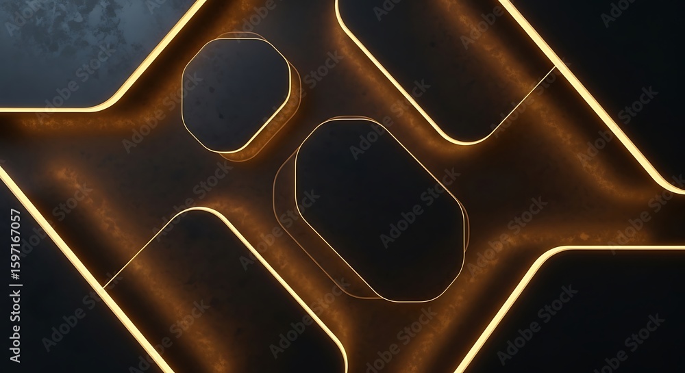 Fototapete abstract geometric pattern with golden neon light, modern art background with geometric shapes