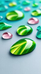 Green and Pink Water Droplets on Teal Background