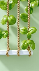 Green Basil Leaves Hanging from Twine on Light Green Background