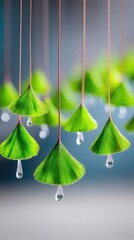 Green Fern Umbrella Installation with Water Drops
