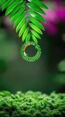 Green Leaf with Circular Water Drop and Moss Background