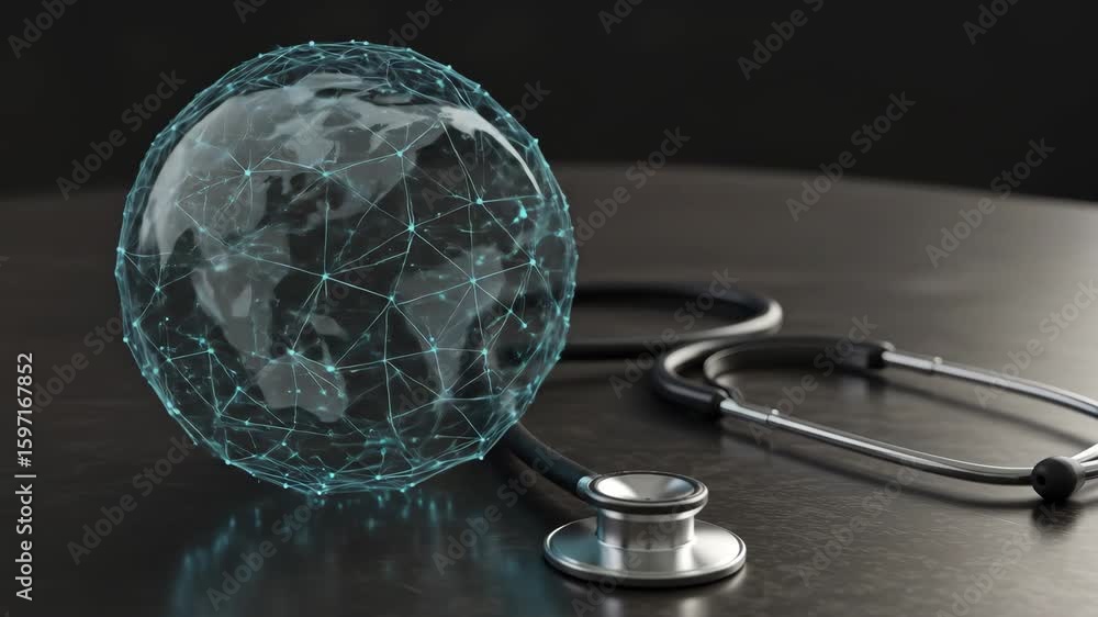 Poster global healthcare network - a digital globe connected by lines rests on a dark surface next to a ste