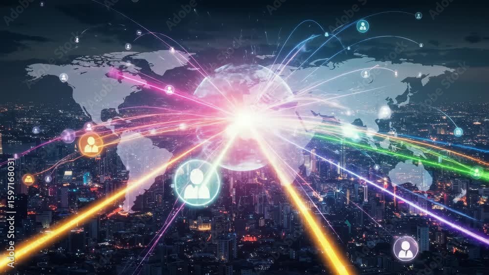 Poster global network connectivity - a nighttime aerial view of a city with a glowing earth at its center, 