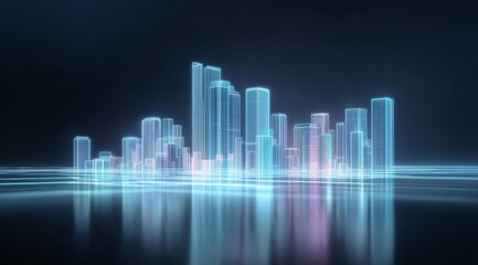 Fototapeta premium Futuristic Cityscape with Neon-Lit Skyscrapers Reflecting on Water Surface