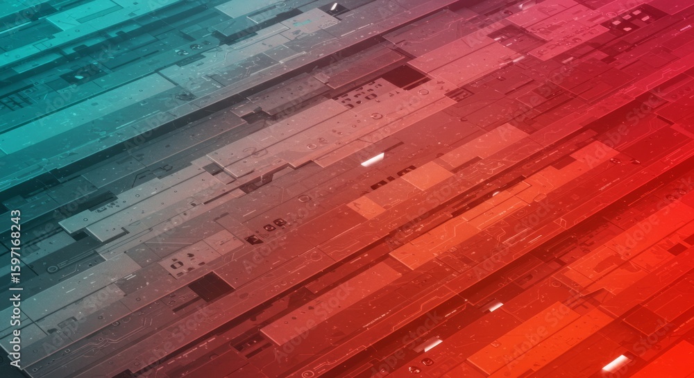 Poster abstract digital rendering, diagonal perspective, layered geometric shapes in gradient red and teal 